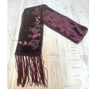 COLLECTION XIX LTD Velvet Floral Embroidered Scarf Burgundy Fringe